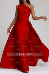 Chic A-Line One-shoulder Sleeveless Panel Train Satin Floor-Length Simple Prom Dresses