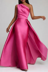 Chic A-Line One-shoulder Sleeveless Panel Train Satin Floor-Length Simple Prom Dresses