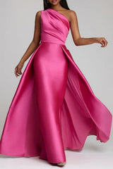 Chic A-Line One-shoulder Sleeveless Panel Train Satin Floor-Length Simple Prom Dresses