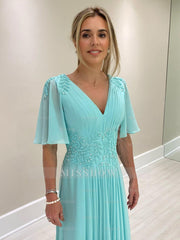 Chic A-Line V-Neck Chiffon Beaded Long Bridesmaid Dresses With Cap Sleeves