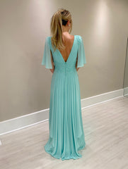 Chic A-Line V-Neck Chiffon Beaded Long Bridesmaid Dresses With Cap Sleeves