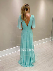 Chic A-Line V-Neck Chiffon Beaded Long Bridesmaid Dresses With Cap Sleeves