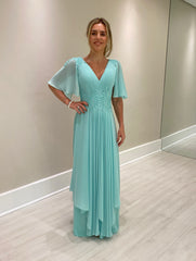 Chic A-Line V-Neck Chiffon Beaded Long Bridesmaid Dresses With Cap Sleeves