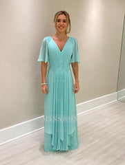 Chic A-Line V-Neck Chiffon Beaded Long Bridesmaid Dresses With Cap Sleeves