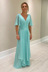 Chic A-Line V-Neck Chiffon Beaded Long Bridesmaid Dresses With Cap Sleeves
