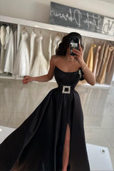 Chic Black A-line Strapless Sleeveless Front Split Long Satin Simple Evening Dresses with Sash