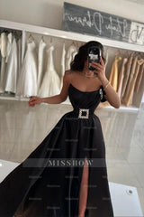 Chic Black A-line Strapless Sleeveless Front Split Long Satin Simple Evening Dresses with Sash