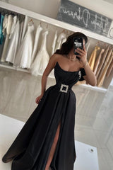 Chic Black A-line Strapless Sleeveless Front Split Long Satin Simple Evening Dresses with Sash