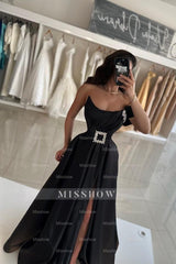 Chic Black A-line Strapless Sleeveless Front Split Long Satin Simple Evening Dresses with Sash