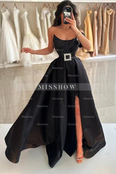 Chic Black A-line Strapless Sleeveless Front Split Long Satin Simple Evening Dresses with Sash