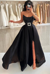 Chic Black A-line Strapless Sleeveless Front Split Long Satin Simple Evening Dresses with Sash