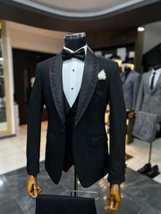 Chic Black Beaded Three-Piece Shawl Lapel Wedding Men’s Suit for Grooms
