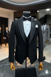 Chic Black Beaded Three-Piece Shawl Lapel Wedding Men’s Suit for Grooms