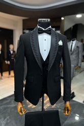 Chic Black Beaded Three-Piece Shawl Lapel Wedding Men’s Suit for Grooms
