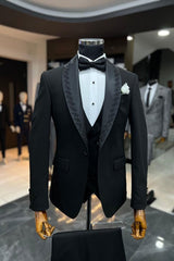 Chic Black Beaded Three-Piece Shawl Lapel Wedding Men’s Suit for Grooms