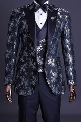 Chic Black Jacquard Peak Lapel Three-Piece Prom Suits