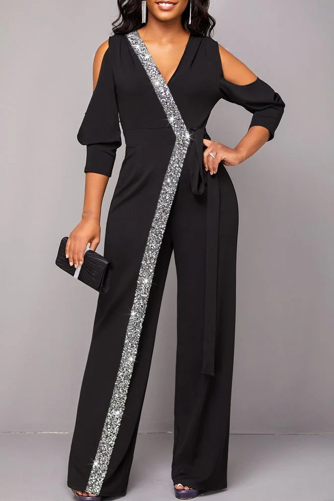 Chic Black Long Sleeves V-Neck Sequins Long Jump Suit