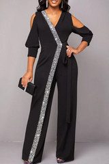 Chic Black Long Sleeves V-Neck Sequins Long Jump Suit