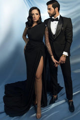 Chic Black Mermaid One-Shoulder Beaded Cap Sleeve Long Satin Evening Dresses With Slit