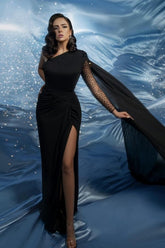 Chic Black Mermaid One-Shoulder Beaded Cap Sleeve Long Satin Evening Dresses With Slit