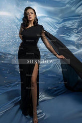 Chic Black Mermaid One-Shoulder Beaded Cap Sleeve Long Satin Evening Dresses With Slit