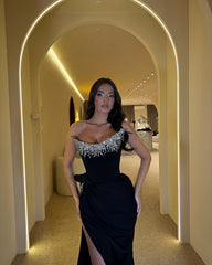Chic Black Mermaid Strapless Beaded Sequined Sleeveless Ruffles Satin Formal Dress With Slit