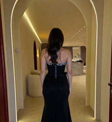 Chic Black Mermaid Strapless Beaded Sequined Sleeveless Ruffles Satin Formal Dress With Slit