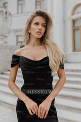 Chic Black Mermaid Strapless Off-The-Shoulder Sleeveless Satin Simple Long Prom Dresses With Slit