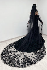 Chic Black Mermaid Sweetheart Lace Off-The-Shoulder Long Sleeves Sequined Cathedral Train Satin Evening Dresses With Appliques