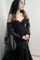 Chic Black Mermaid Sweetheart Lace Off-The-Shoulder Long Sleeves Sequined Cathedral Train Satin Evening Dresses With Appliques