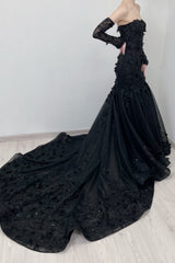 Chic Black Mermaid Sweetheart Lace Off-The-Shoulder Long Sleeves Sequined Cathedral Train Satin Evening Dresses With Appliques