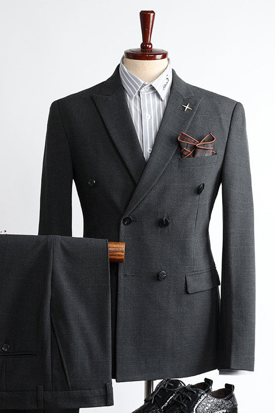 Chic Black Plaid Double Breasted Two-Piece Peak Lapel Men’s Suit