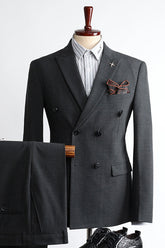 Chic Black Plaid Double Breasted Two-Piece Peak Lapel Men’s Suit