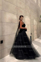 Chic Black Tulle One Shoulder Sleeveless Ball Gown Long Formal Dress