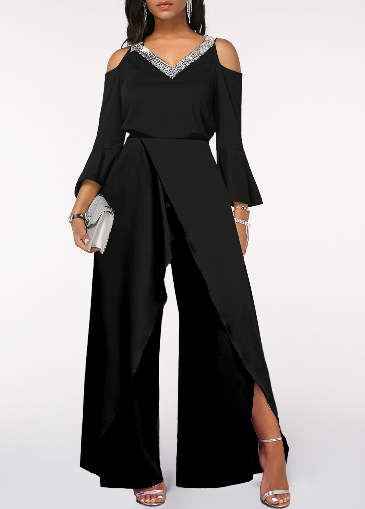 Chic Black V-Neck Long Sleeves Jump Suit