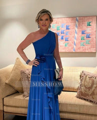 Chic Blue A-Line One-Shoulder Chiffon Sleeveless Mother of the Bride Floor-Length Wedding Guest Dresses