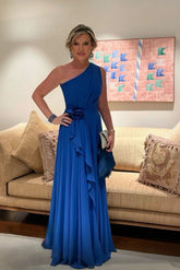 Chic Blue A-Line One-Shoulder Chiffon Sleeveless Mother of the Bride Floor-Length Wedding Guest Dresses