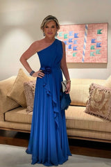 Chic Blue A-Line One-Shoulder Chiffon Sleeveless Mother of the Bride Floor-Length Wedding Guest Dresses