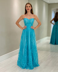 Chic Blue A-Line Sweetheart Strapless Lace Sleeveless Tulle Floor-Length Bridesmaid Dresses