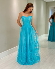 Chic Blue A-Line Sweetheart Strapless Lace Sleeveless Tulle Floor-Length Bridesmaid Dresses