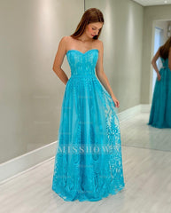 Chic Blue A-Line Sweetheart Strapless Lace Sleeveless Tulle Floor-Length Bridesmaid Dresses
