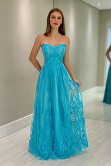 Chic Blue A-Line Sweetheart Strapless Lace Sleeveless Tulle Floor-Length Bridesmaid Dresses