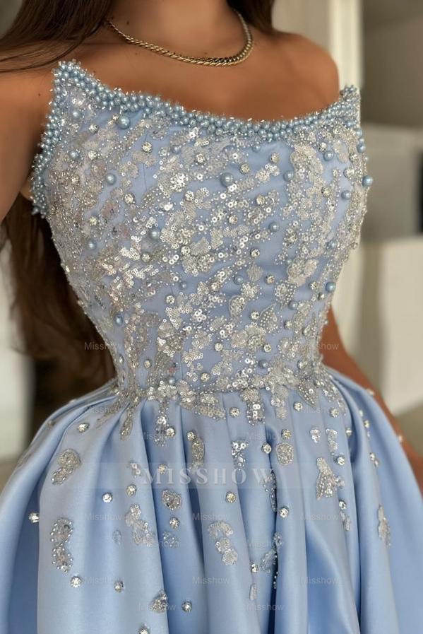 Chic Blue A-line Strapless Sleeveless Sequined Beaded Front Split Long Satin Evening Dresses with Rhinestones And Pearls