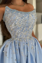 Chic Blue A-line Strapless Sleeveless Sequined Beaded Front Split Long Satin Evening Dresses with Rhinestones And Pearls