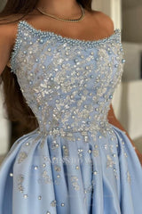 Chic Blue A-line Strapless Sleeveless Sequined Beaded Front Split Long Satin Evening Dresses with Rhinestones And Pearls