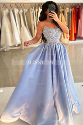 Chic Blue A-line Strapless Sleeveless Sequined Beaded Front Split Long Satin Evening Dresses with Rhinestones And Pearls