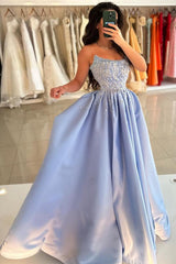Chic Blue A-line Strapless Sleeveless Sequined Beaded Front Split Long Satin Evening Dresses with Rhinestones And Pearls