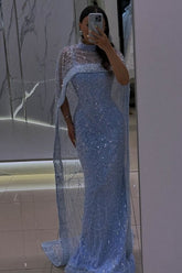 Chic Blue Mermaid Spaghetti Strap Sequined Sleeveless Tulle Evening Dresses With Cloak