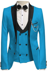 Chic Blue Peaked Lapel Three-Piece Prom Suit