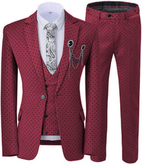 Chic Burgundy Notched Lapel Three-Piece Prom Suit With Black Polka Dots